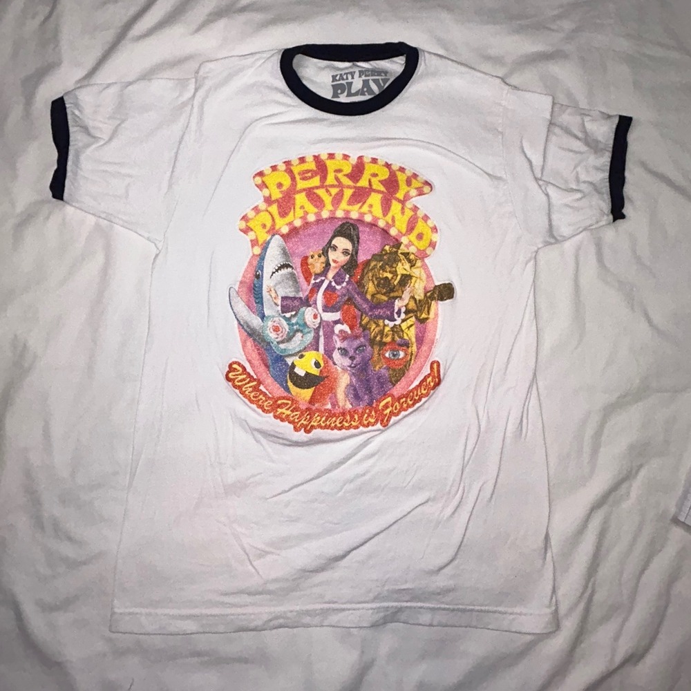 Katy Perry Play T-Shirt Ringer Tee Graphic Print White Cotton‎ Medium